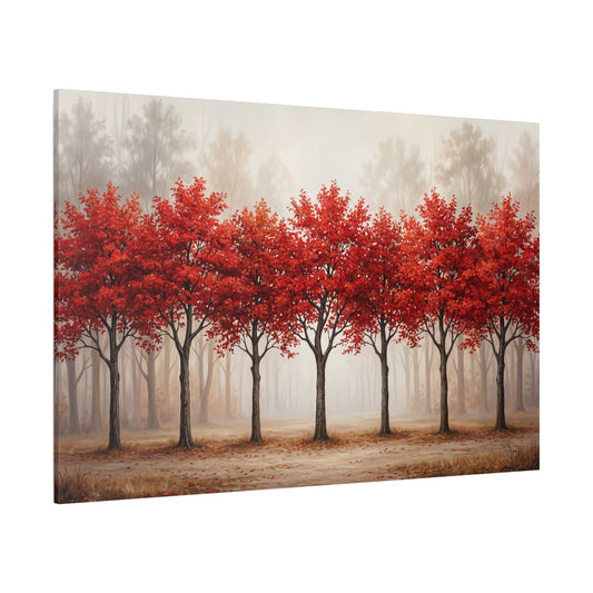 Symmetrical Red Autumn Trees – Minimalist Forest Canvas Wall Art