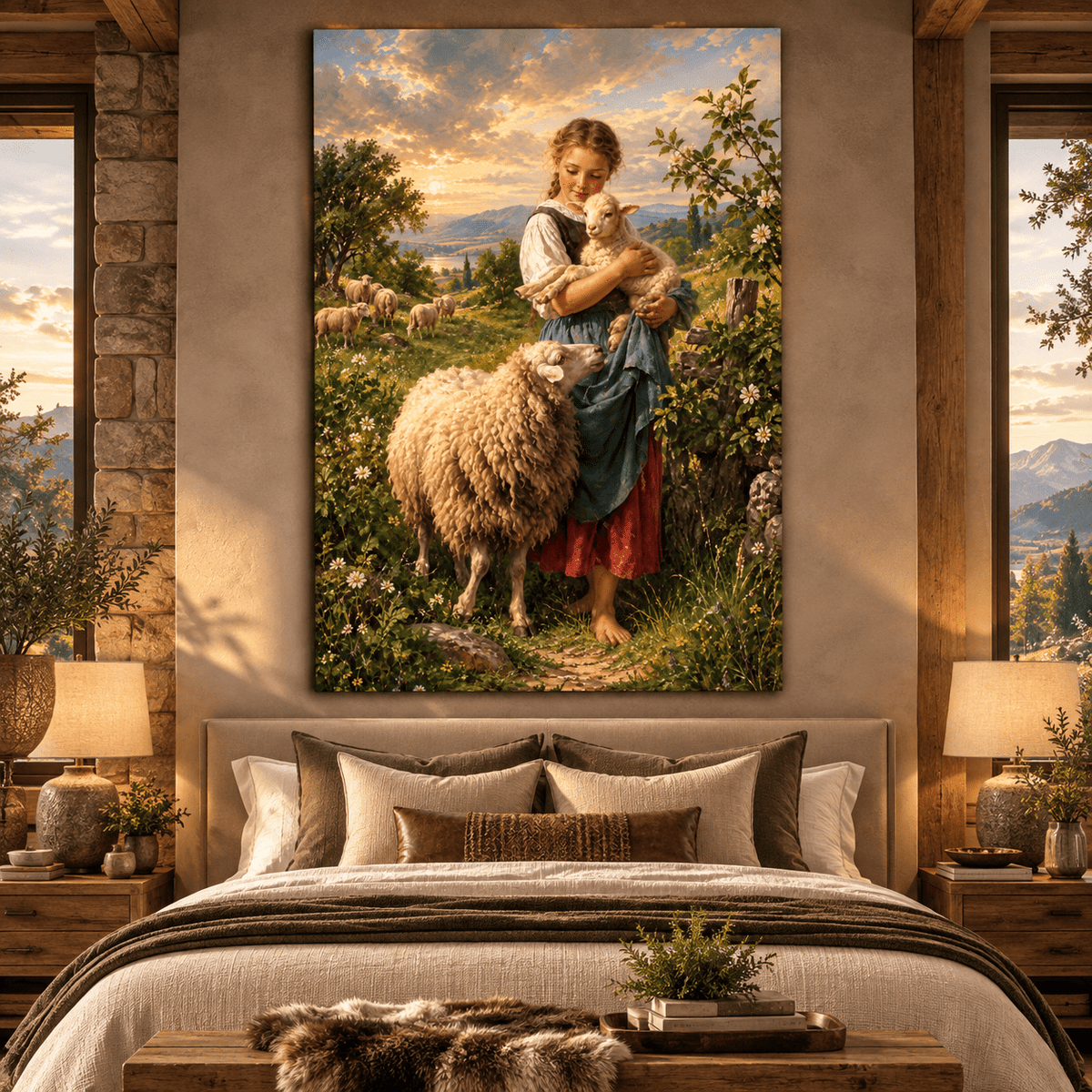 Shepherd Girl Holding Lamb Wrapped Canvas Wall Art – Pastoral Sheep & Countryside Painting - ART OF ROYALS
