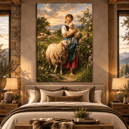 Shepherd Girl Holding Lamb Wrapped Canvas Wall Art – Pastoral Sheep & Countryside Painting - ART OF ROYALS