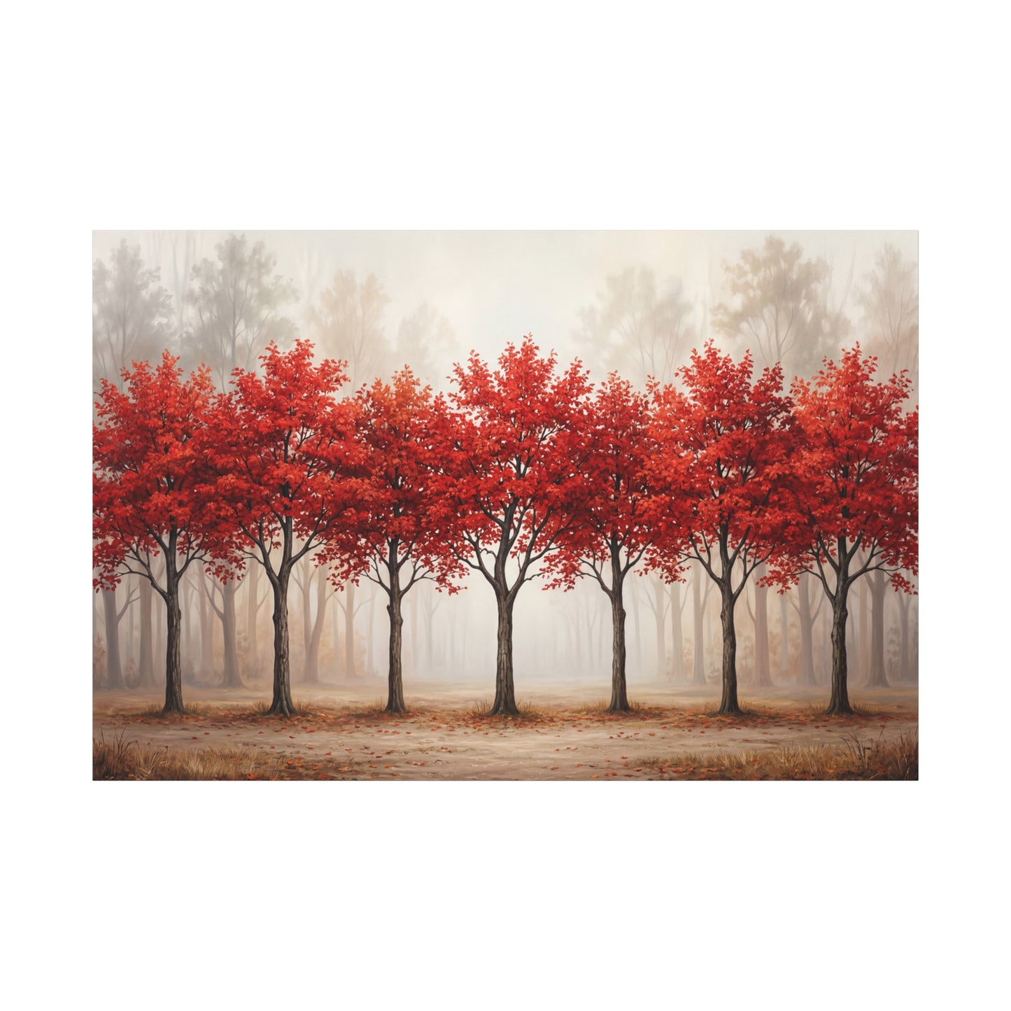 Symmetrical Red Autumn Trees – Minimalist Forest Canvas Wall Art