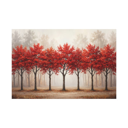 Symmetrical Red Autumn Trees – Minimalist Forest Canvas Wall Art