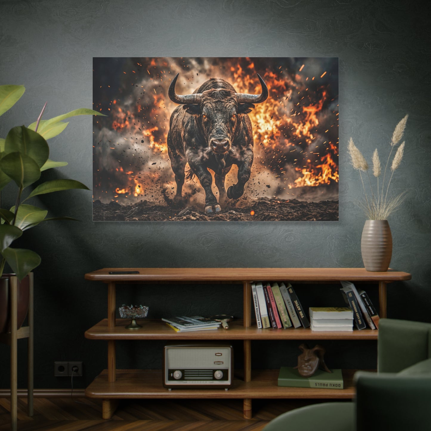 Charging Bull Through Fire – Powerful Action Canvas Wall Art