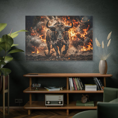 Charging Bull Through Fire – Powerful Action Canvas Wall Art