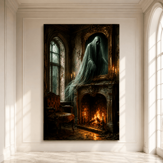 Ghost Portrait Above Fireplace Wrapped Canvas Wall Art – Haunted Gothic Mansion Interior Print - ART OF ROYALS