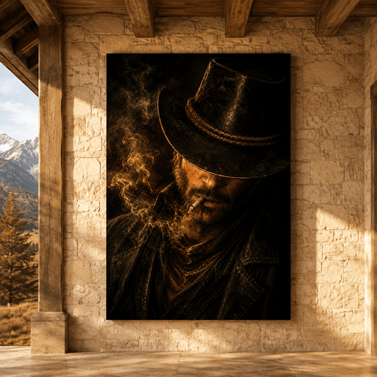 Smoking Cowboy Portrait Wrapped Canvas Wall Art – Dark Western Outlaw Cowboy Print - ART OF ROYALS