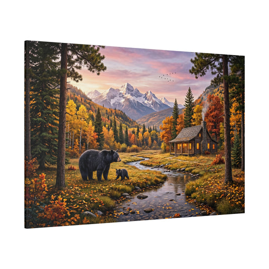 Bear & Cub in Autumn Cabin Wilderness – Cozy Mountain Nature Canvas Wall Art