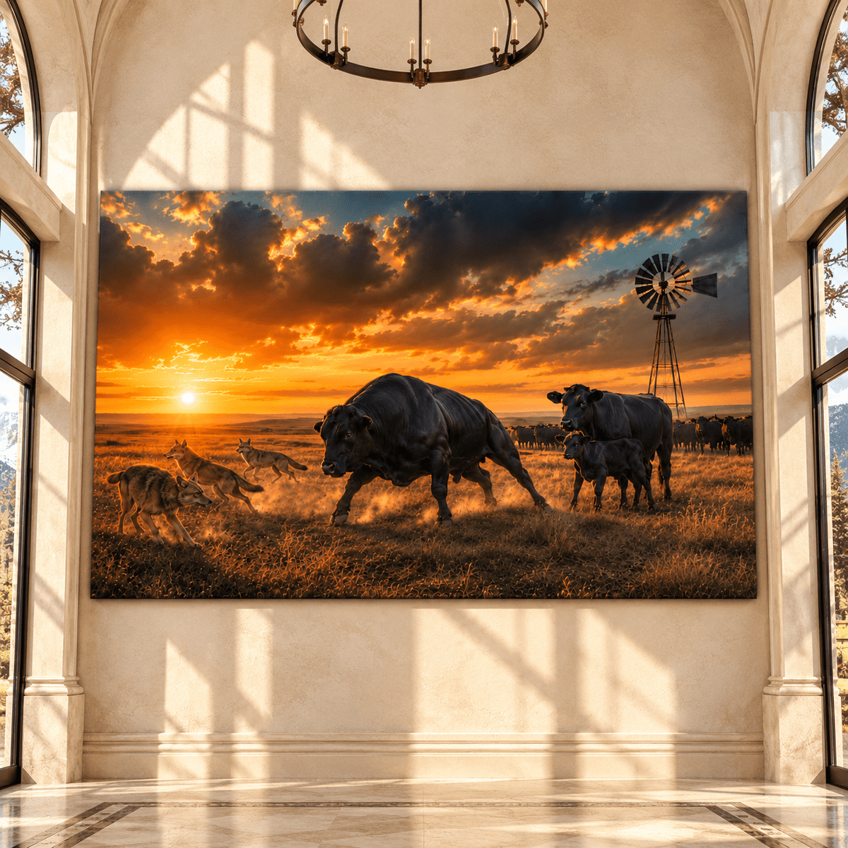 Black Angus Bull & Coyotes at Sunset Wrapped Canvas Wall Art – Western Cattle Ranch Landscape - ART OF ROYALS