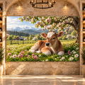 Baby Calf Resting Beneath Apple Blossoms Wrapped Canvas Wall Art – Spring Farmhouse Cow Print