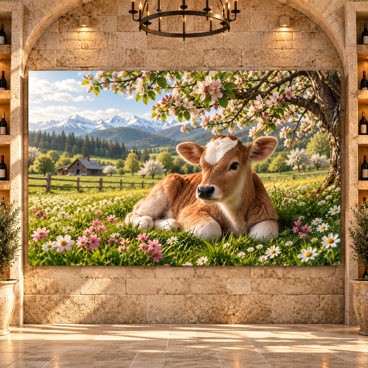Baby Calf Resting Beneath Apple Blossoms Wrapped Canvas Wall Art – Spring Farmhouse Cow Print