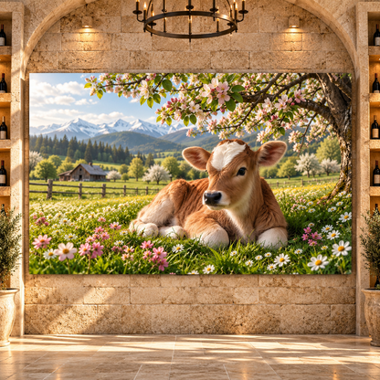 Baby Calf Resting Beneath Apple Blossoms Wrapped Canvas Wall Art – Spring Farmhouse Cow Print