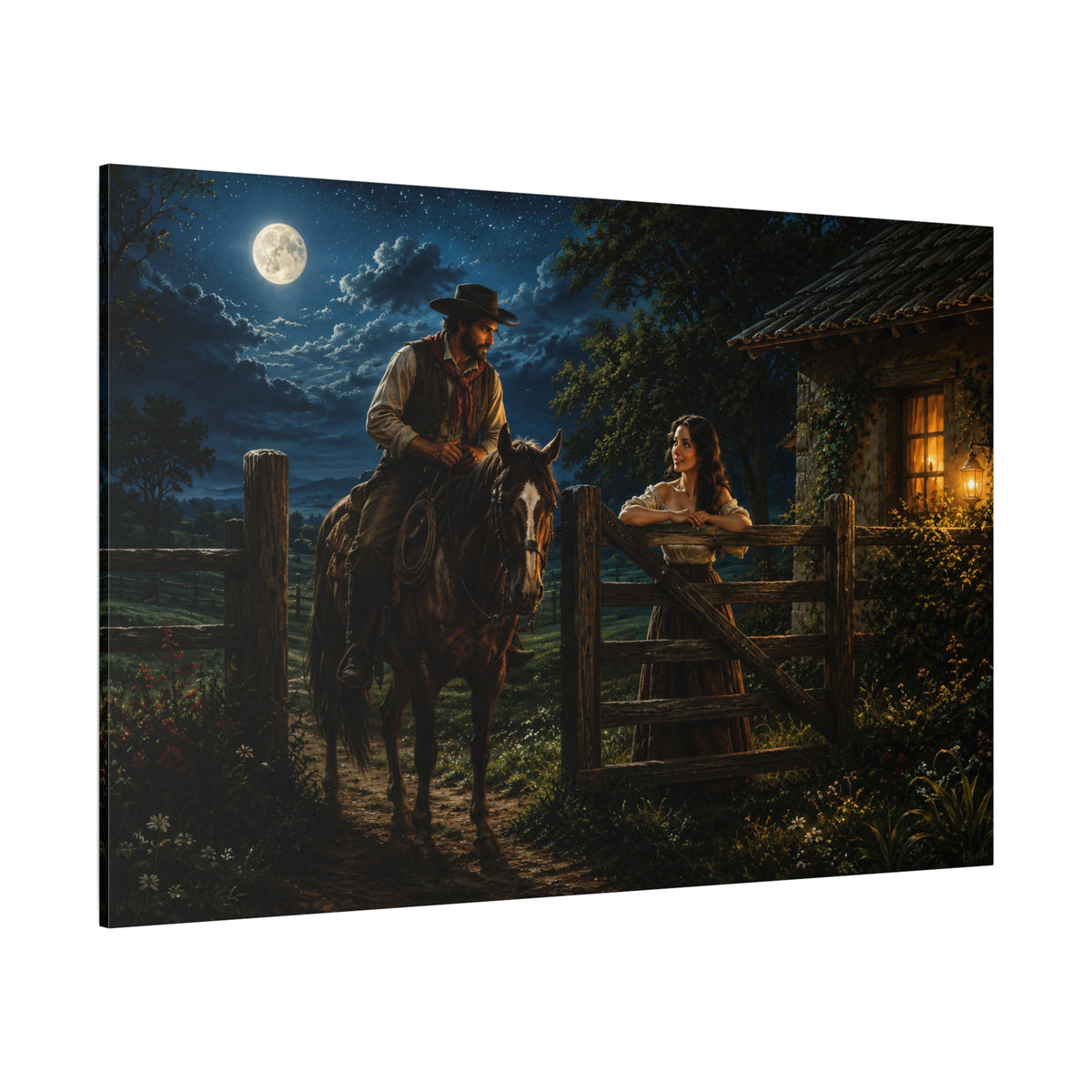 Moonlit Gate – Romantic Cowboy and Woman Canvas Wall Art - ART OF ROYALS