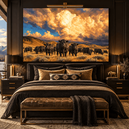 Black Angus Cattle Herd Under Golden Storm Clouds Wrapped Canvas Wall Art – Western Ranch Landscape - ART OF ROYALS