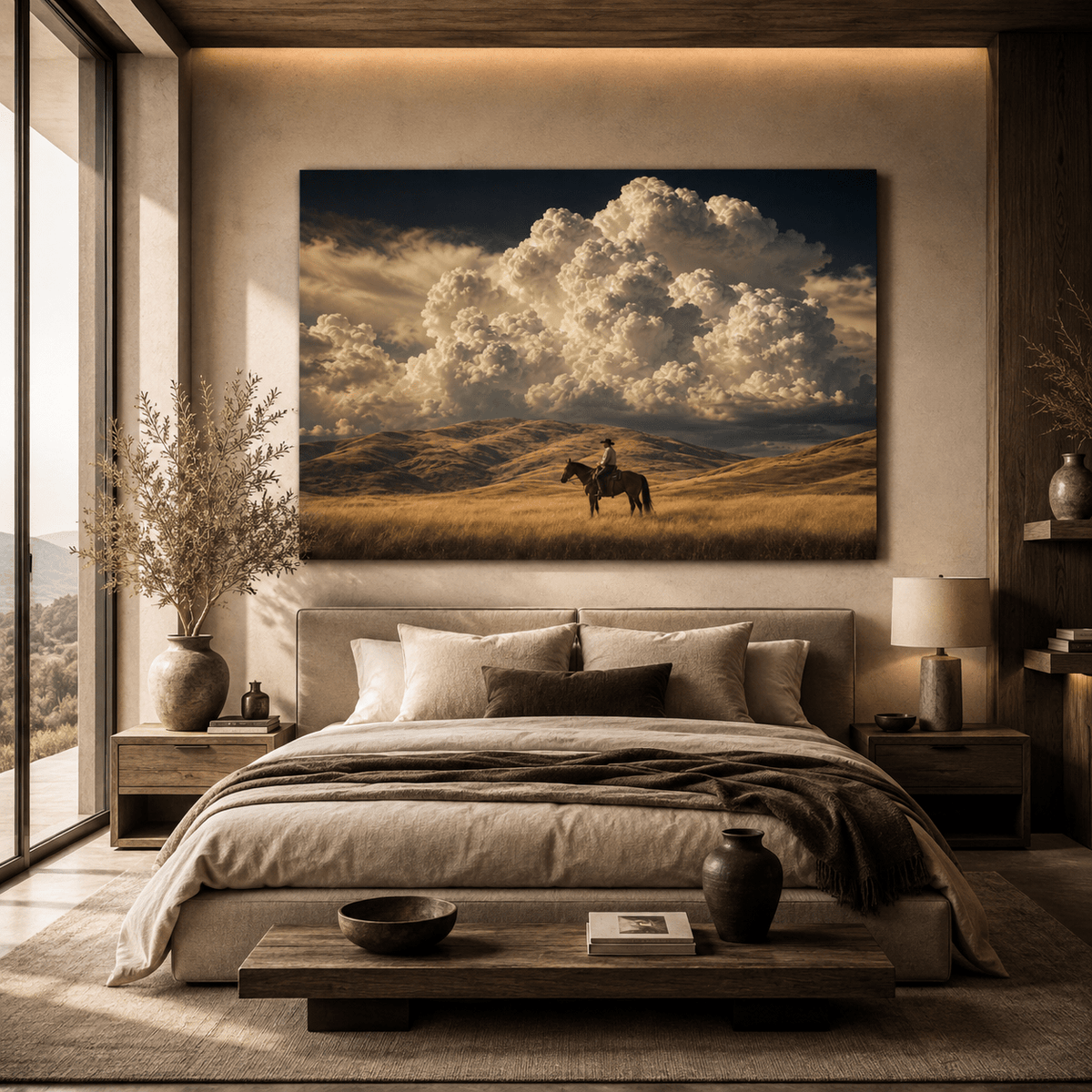 Lone Cowboy Beneath Storm Clouds Wrapped Canvas Wall Art – Western Prairie Horse Landscape Print - ART OF ROYALS