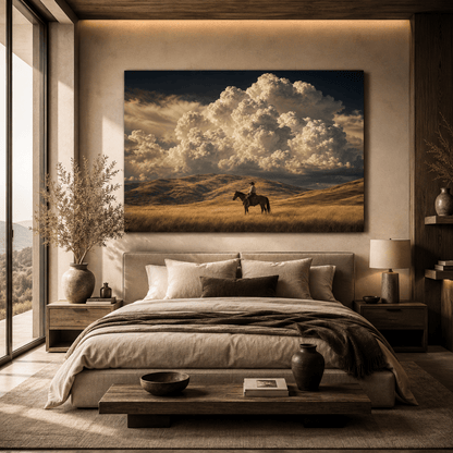 Lone Cowboy Beneath Storm Clouds Wrapped Canvas Wall Art – Western Prairie Horse Landscape Print - ART OF ROYALS