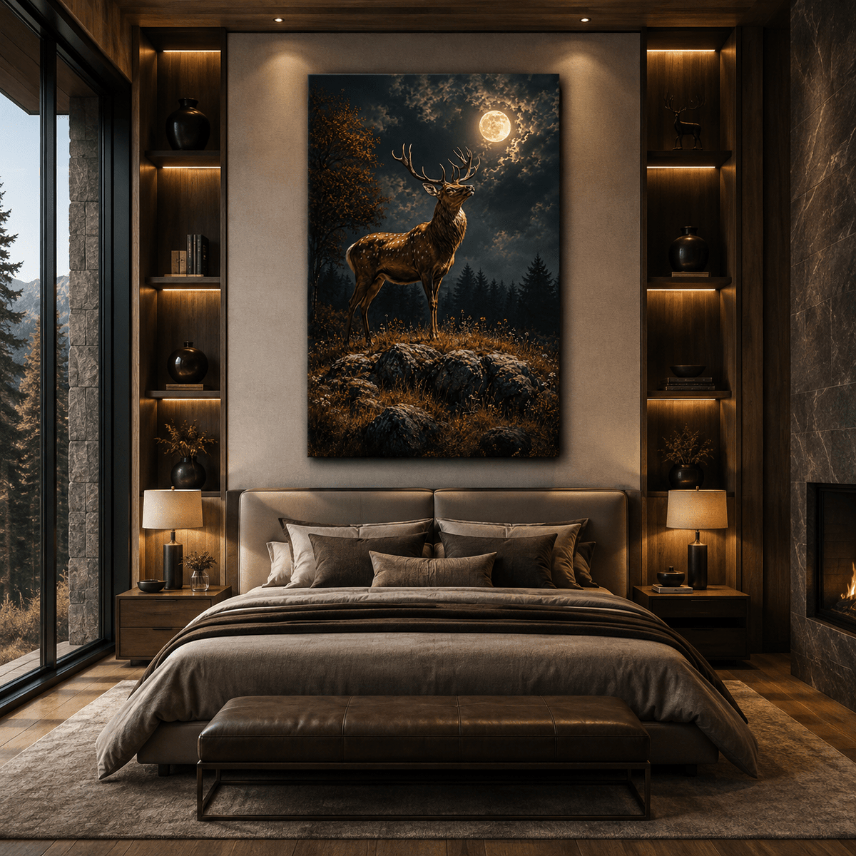 Elk Beneath the Full Moon Wrapped Canvas Wall Art – Mystical Nighttime Wildlife Print - ART OF ROYALS