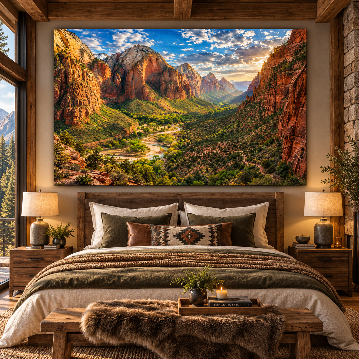 Zion Canyon Valley at Golden Sunset Wrapped Canvas Wall Art – Majestic Southwest Mountain Landscape Print - ART OF ROYALS