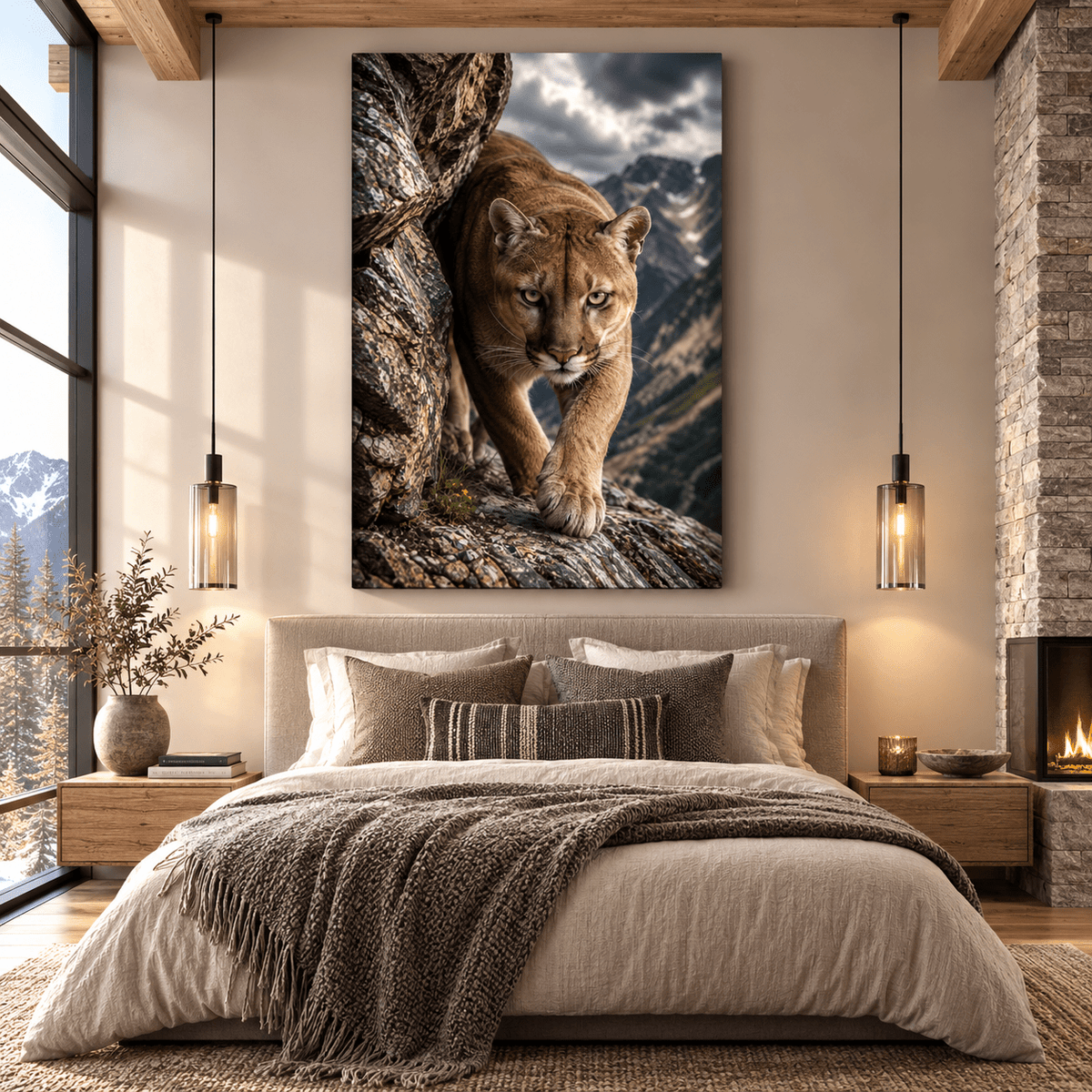 Mountain Cougar Wrapped Canvas Wall Art – Rocky Cliff Puma Wildlife Portrait Print - ART OF ROYALS