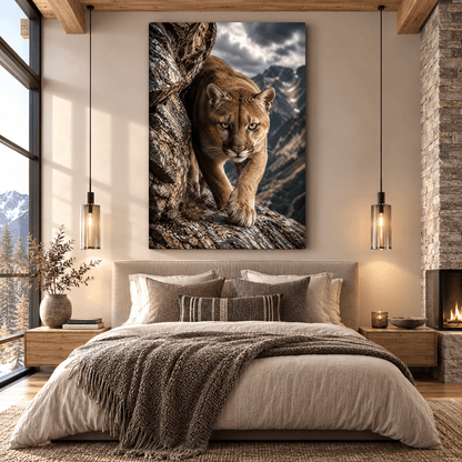 Mountain Cougar Wrapped Canvas Wall Art – Rocky Cliff Puma Wildlife Portrait Print - ART OF ROYALS