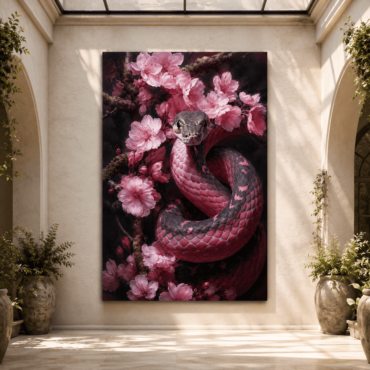 Pink Cherry Blossom Snake Wrapped Canvas Wall Art – Moody Floral Serpent Oil Painting Print - ART OF ROYALS