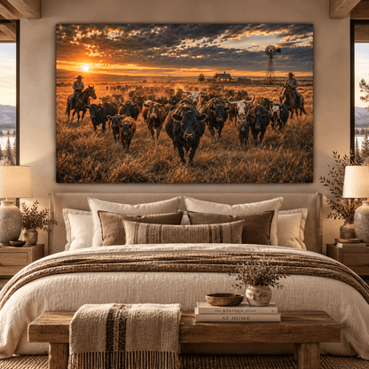 Black Angus Cattle Drive at Sunset Wrapped Canvas Wall Art – Western Cowboys & Ranch Herd Landscape