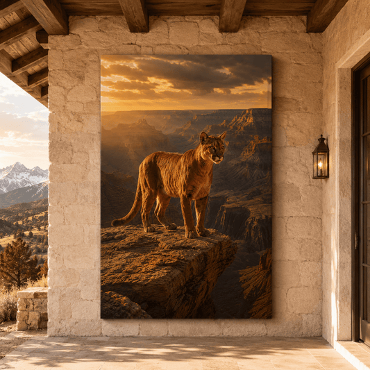 Mountain Lion on Canyon Cliff Wrapped Canvas Wall Art – Cougar at Golden Sunset Wildlife Print - ART OF ROYALS