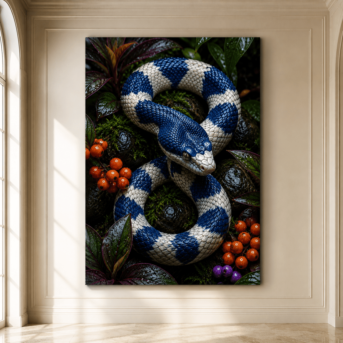 Blue and White Snake Wrapped Canvas Wall Art – Coiled Serpent Tropical Wildlife Print - ART OF ROYALS