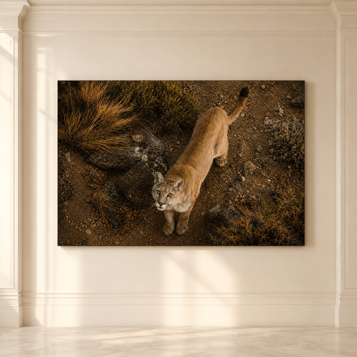 Mountain Lion Looking Up Wrapped Canvas Wall Art – Overhead Cougar Wildlife Landscape Print - ART OF ROYALS