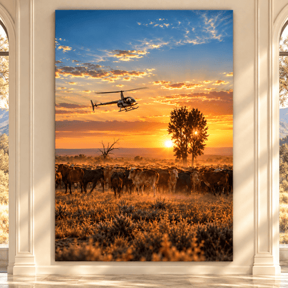 Helicopter Herding Cattle at Sunset Wrapped Canvas Wall Art – Golden Ranch Aviation Landscape Print - ART OF ROYALS