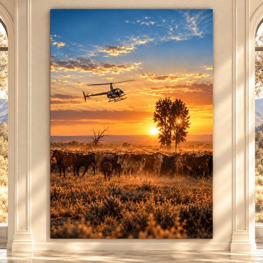 Helicopter Herding Cattle at Sunset Wrapped Canvas Wall Art – Golden Ranch Aviation Landscape Print - ART OF ROYALS