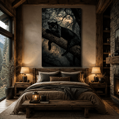 Black Panther Resting on Tree Wrapped Canvas Wall Art – Dark Jungle Big Cat Wildlife Print - ART OF ROYALS