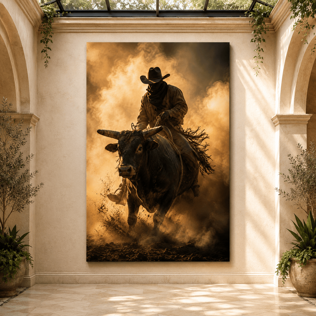 Bull Rider in Dust Wrapped Canvas Wall Art – Dramatic Western Rodeo Cowboy Print - ART OF ROYALS