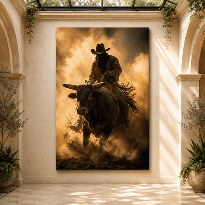 Bull Rider in Dust Wrapped Canvas Wall Art – Dramatic Western Rodeo Cowboy Print - ART OF ROYALS
