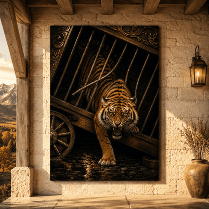 Fierce Tiger Escaping Vintage Circus Cage Wrapped Canvas Wall Art – Dramatic Big Cat Wildlife Print - ART OF ROYALS