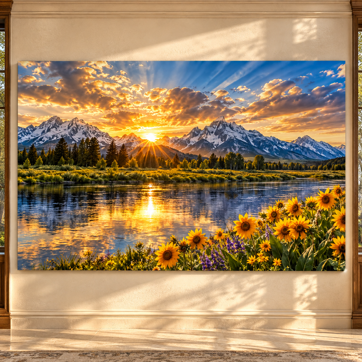 Sunflower River at Golden Sunrise Wrapped Canvas Wall Art – Grand Teton Mountain Landscape Print