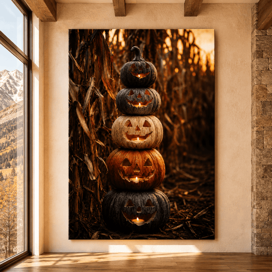 Stacked Jack-O'-Lanterns Wrapped Canvas Wall Art – Rustic Halloween Cornfield Pumpkin Print - ART OF ROYALS