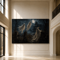 Three Ghosts at Haunted Mansion Wrapped Canvas Wall Art – Moonlit Halloween Gothic House Print