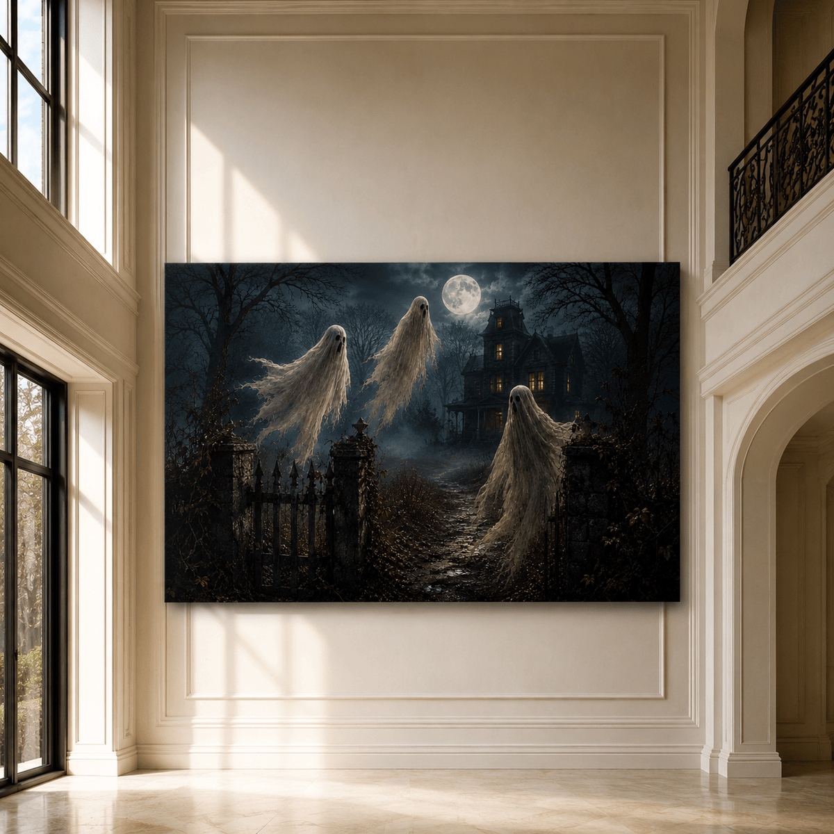 Three Ghosts at Haunted Mansion Wrapped Canvas Wall Art – Moonlit Halloween Gothic House Print - ART OF ROYALS