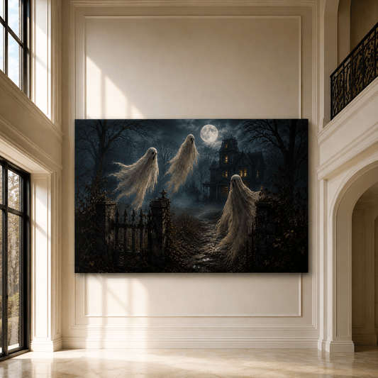 Three Ghosts at Haunted Mansion Wrapped Canvas Wall Art – Moonlit Halloween Gothic House Print - ART OF ROYALS