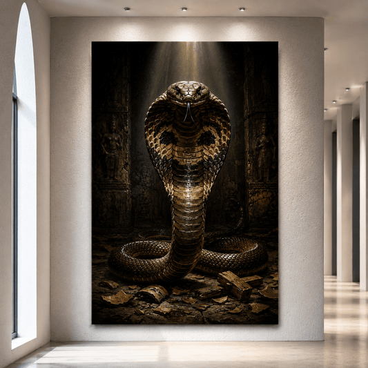 King Cobra in Ancient Temple Wrapped Canvas Wall Art – Dark Serpent Reptile Print - ART OF ROYALS