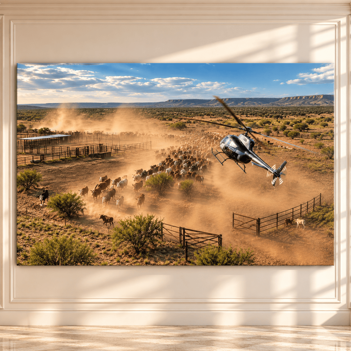 Helicopter Cattle Mustering at Dusty Ranch Wrapped Canvas Wall Art – Aerial Herding Western Landscape Print - ART OF ROYALS