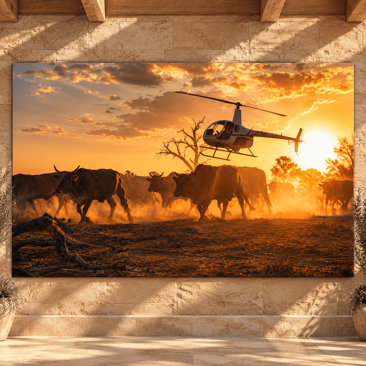 Helicopter Cattle Mustering at Sunset Wrapped Canvas Wall Art – Dusty Ranch Herd Print - ART OF ROYALS