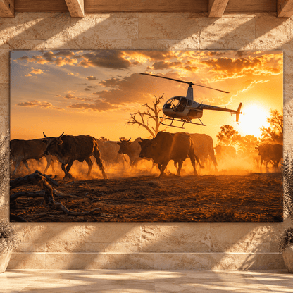 Helicopter Cattle Mustering at Sunset Wrapped Canvas Wall Art – Dusty Ranch Herd Print - ART OF ROYALS