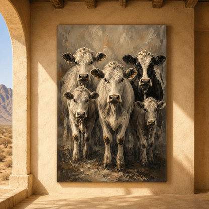 Five White Cows Wrapped Canvas Wall Art – Rustic Farmhouse Cattle Herd Painting Print - ART OF ROYALS