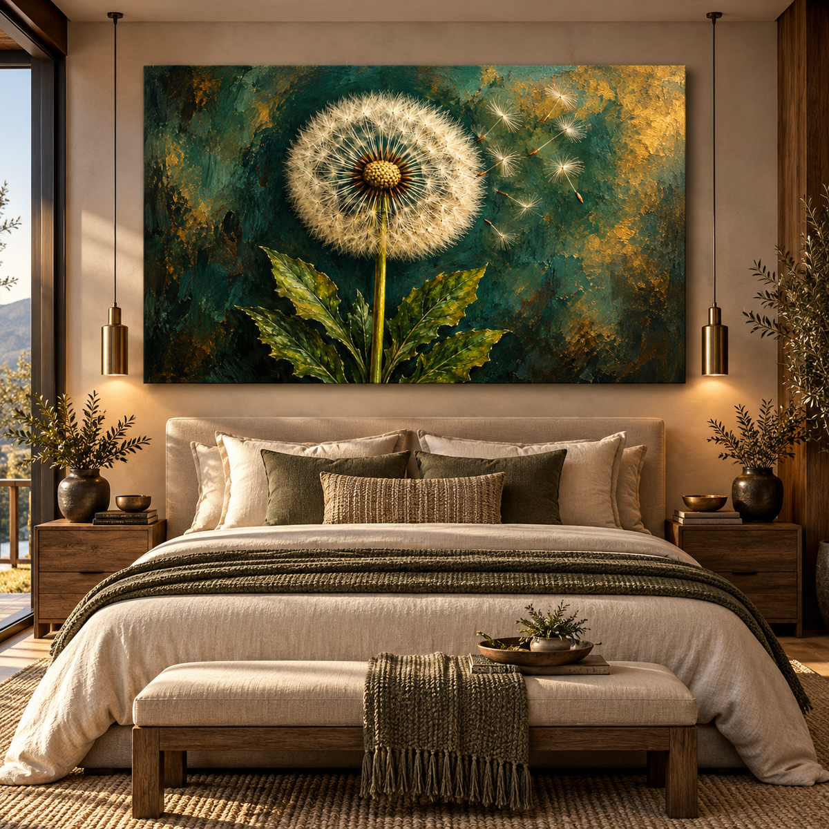 Dandelion Seeds in the Wind Wrapped Canvas Wall Art – Emerald Green & Gold Botanical Painting