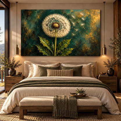 Dandelion Seeds in the Wind Wrapped Canvas Wall Art – Emerald Green & Gold Botanical Painting