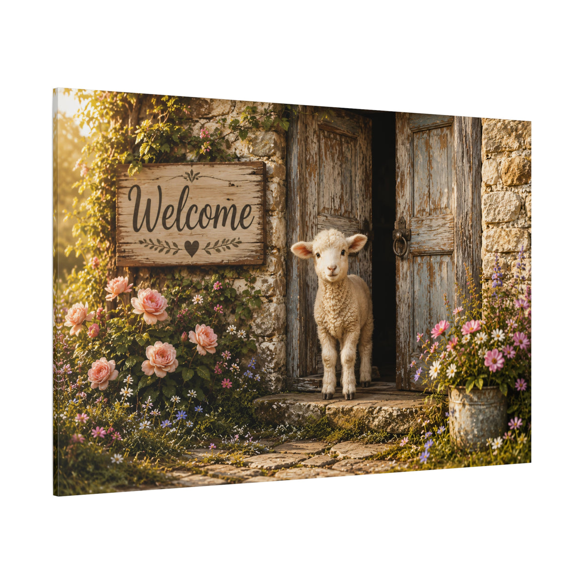 Little Lamb at the Door – Welcome Cottage Farmhouse Canvas Wall Art - ART OF ROYALS