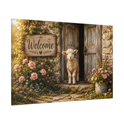 Little Lamb at the Door – Welcome Cottage Farmhouse Canvas Wall Art - ART OF ROYALS
