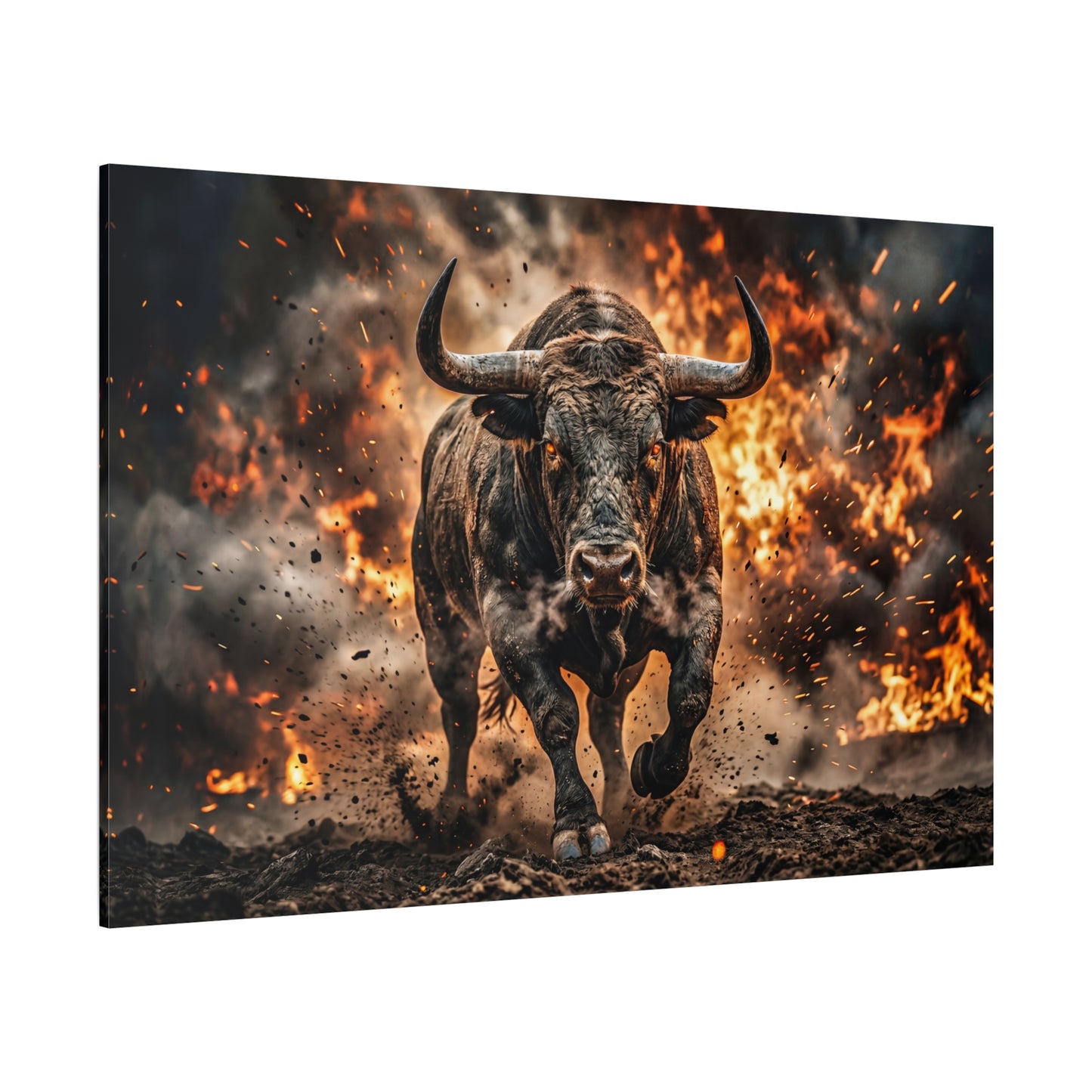 Charging Bull Through Fire – Powerful Action Canvas Wall Art