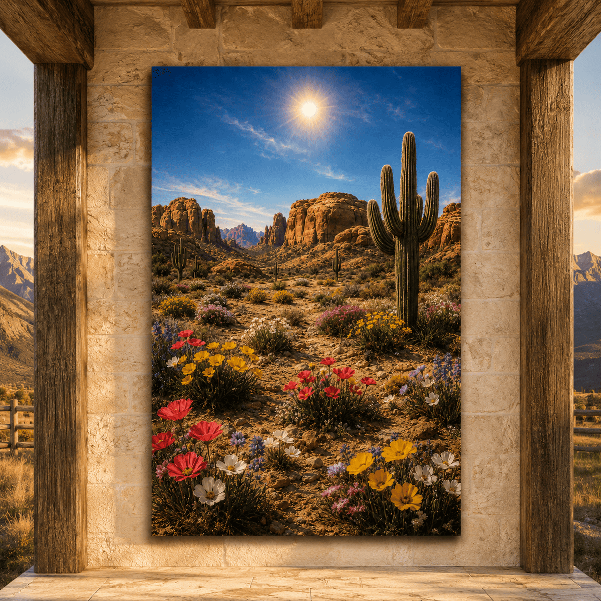 Desert Cactus and Wildflowers Wrapped Canvas Wall Art – Colorful Southwestern Landscape Print - ART OF ROYALS