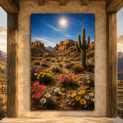 Desert Cactus and Wildflowers Wrapped Canvas Wall Art – Colorful Southwestern Landscape Print - ART OF ROYALS
